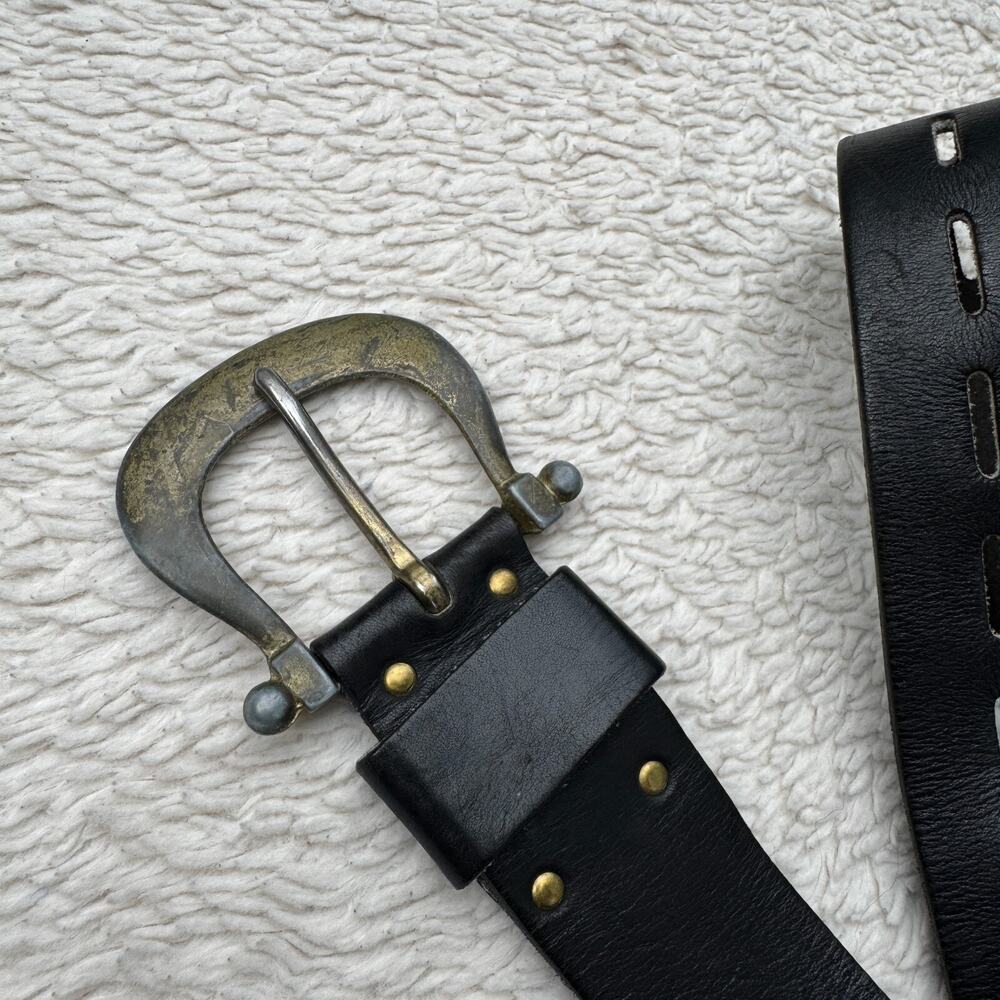 Vintage Garay Leather Belt Black Western Cowboy Silver Buckle One Size Rodeo - Picture 2 of 4